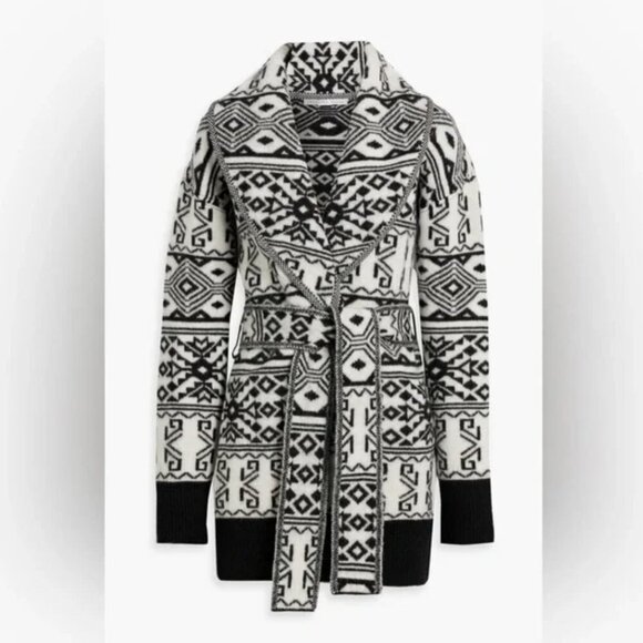 Veronica Beard Carrington Jacket Knit Coat Belted Wool Aztec Black White Size XL - Picture 9 of 13